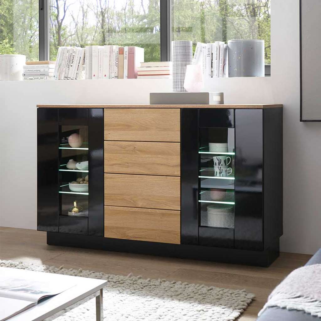 Sideboard Vitrine in Schwarz Hochglanz und Wildeiche Optik 85 cm hoch