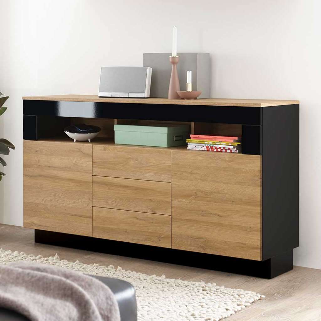 Wohnzimmer Kommode in Schwarz Hochglanz und Wildeiche Optik 85 cm hoch