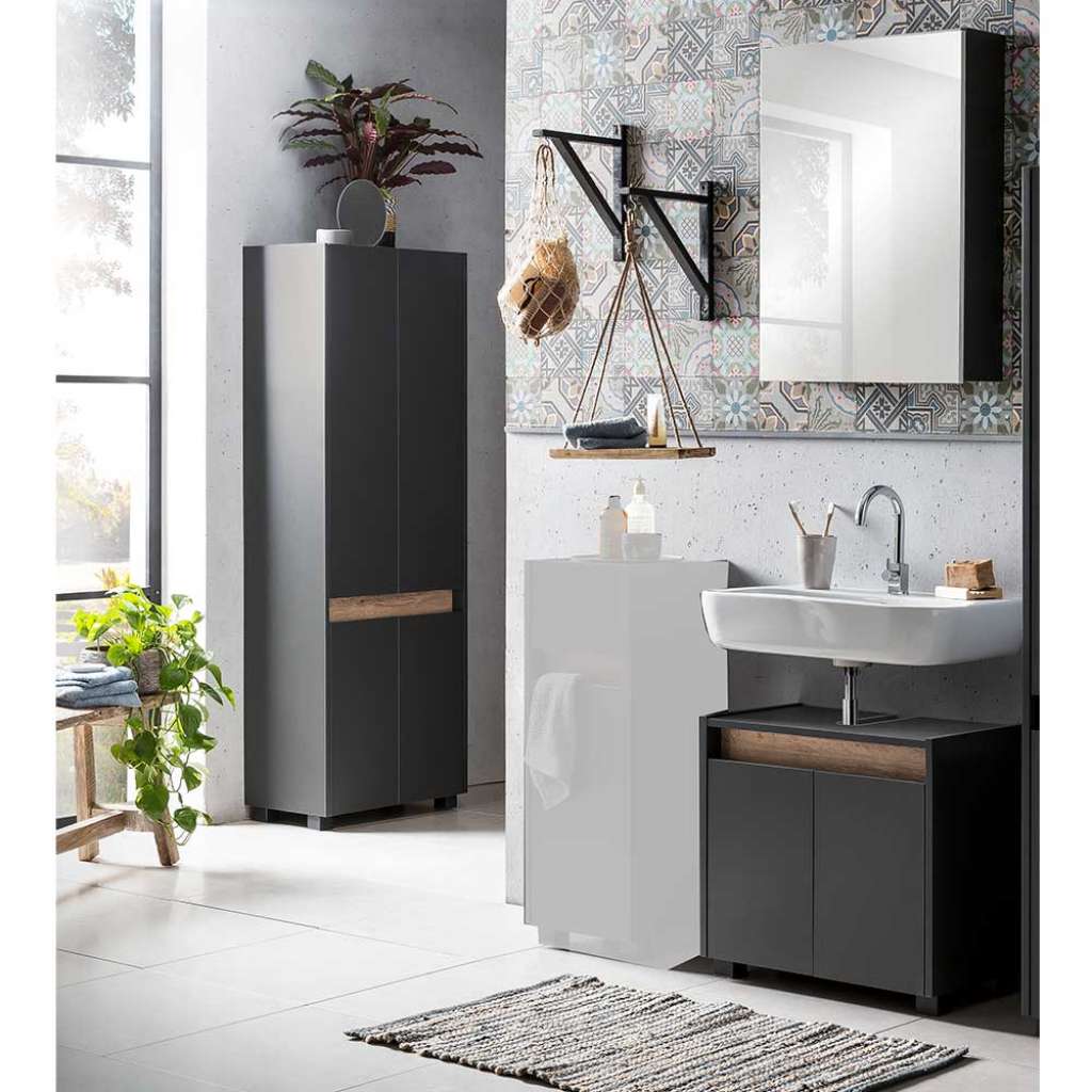 Badezimmermöbelset in Anthrazit und Wildeiche Optik Skandi Design (3-teilig)
