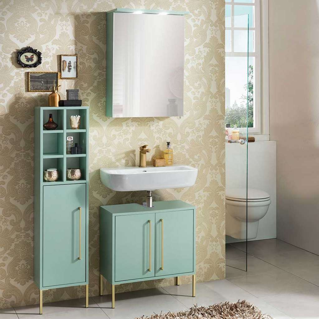 Badezimmermöbelset in Mintgrün und Goldfarben modern (3-teilig)