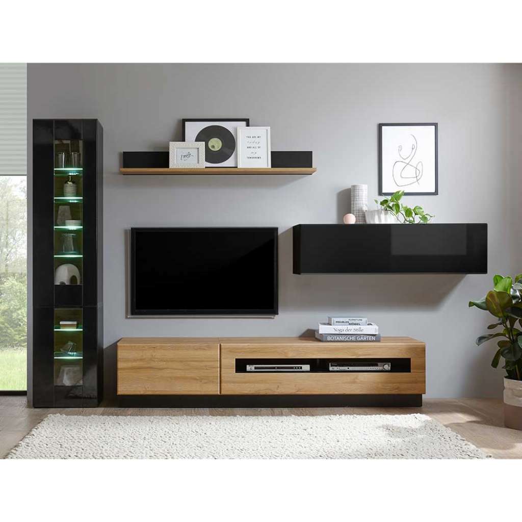 Designer Wohnwand in Schwarz Hochglanz Wildeiche Optik (6-teilig)