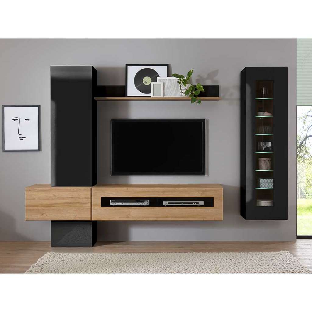 Fernseher Wohnwand in Schwarz Hochglanz und Wildeiche Optik 230 cm breit (6-teilig)