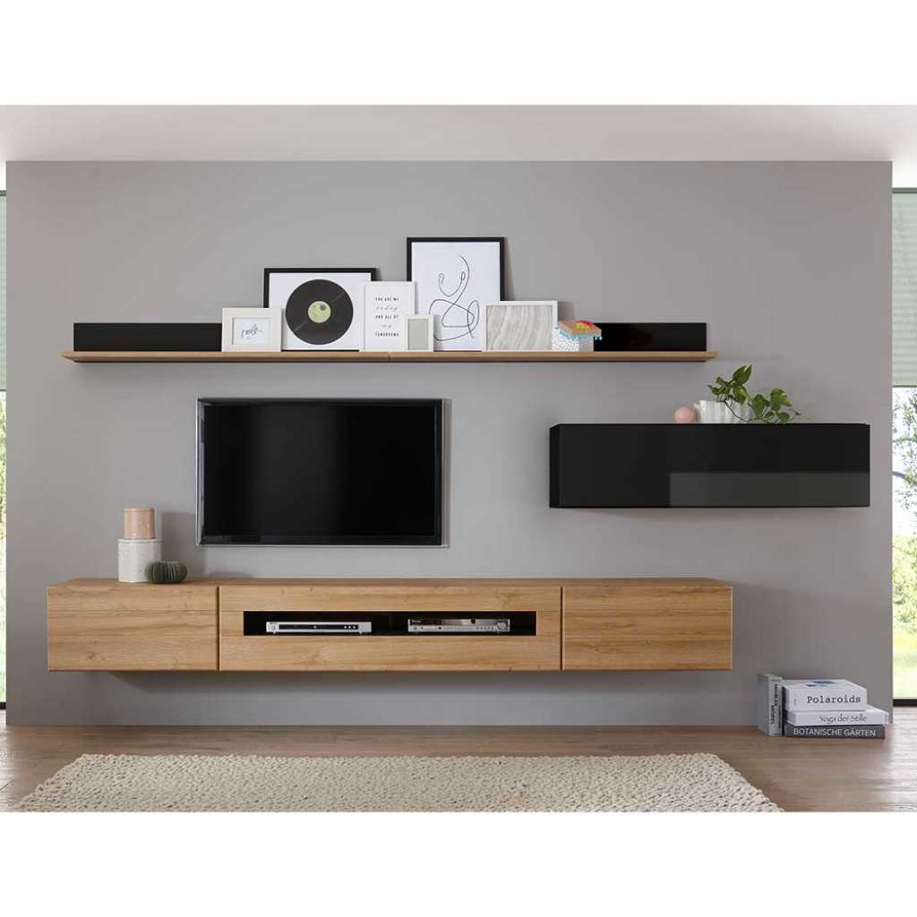 TV Wohnwand in Schwarz Hochglanz und Wildeiche Optik 280 cm breit (6-teilig)