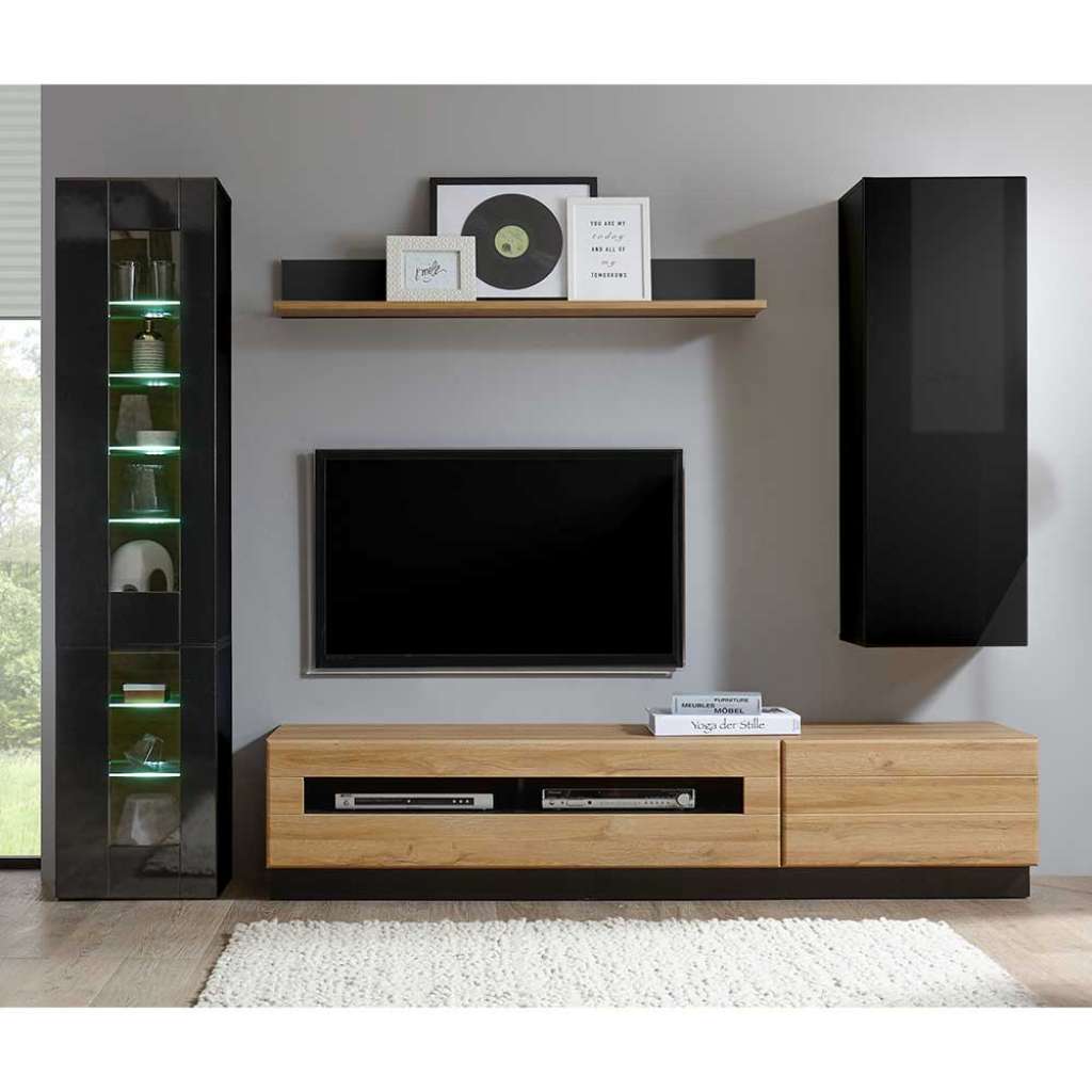 Schrankwand in Schwarz Hochglanz und Wildeichefarben 255 cm breit (6-teilig)