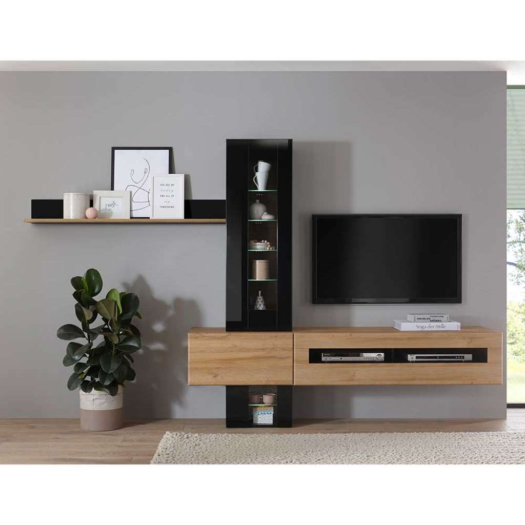 Hängende Anbauwand in Schwarz Hochglanz Wildeichefarben (5-teilig)