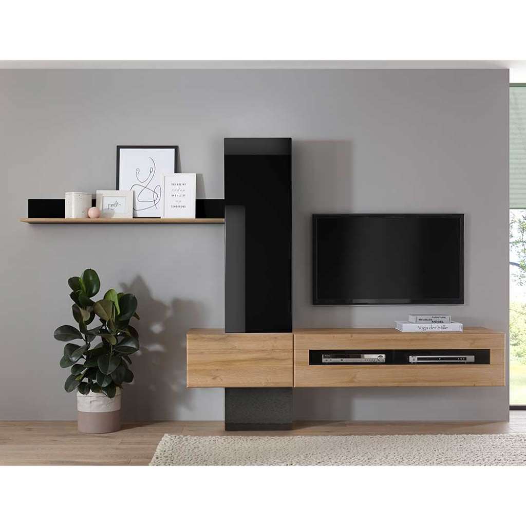 Hängende Wohnwand in Schwarz Hochglanz und Wildeiche Optik 210 cm breit (5-teilig)