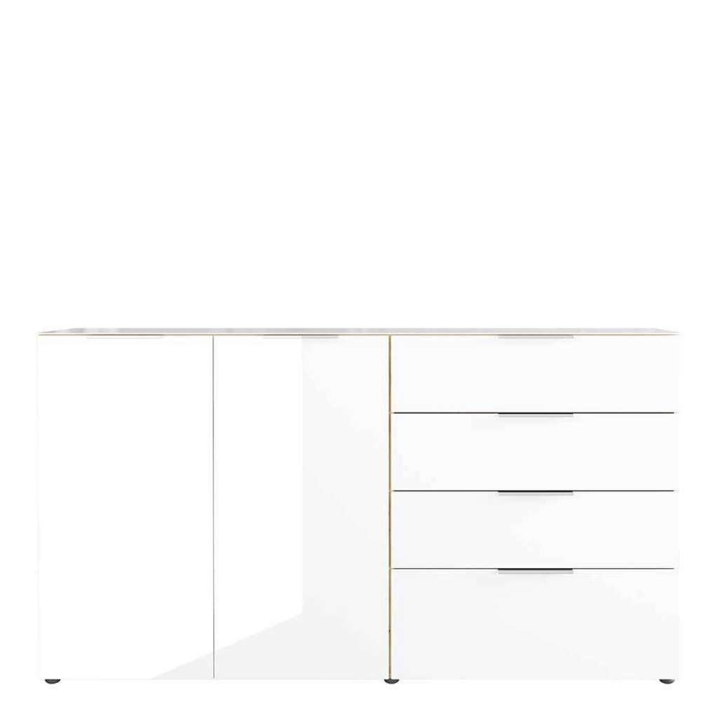 Wohnzimmer Kommode in Weiß und Wildeiche Optik Glas beschichtet