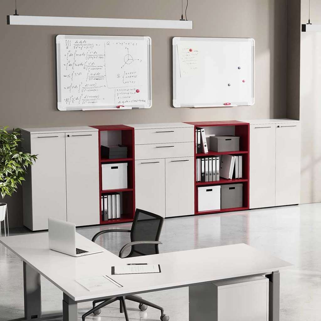 Büroausstattung in Lichtgrau und Dunkelrot Made in Germany (5-teilig)