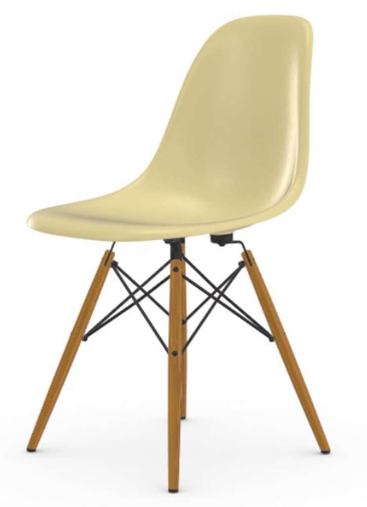 Vitra - Eames Fiberglass Side Chair DSW, Gestell Esche honigfarben, 05Filzgleiter Hartboden - 01 Eames Parchment - indoor