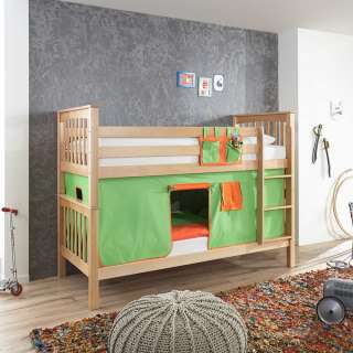 Holz Etagenbett aus Buche Massivholz Vorhang in Hellgrün und Orange
