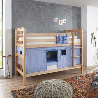 Kinderetagenbett aus Buche Massivholz Vorhang in Dunkelblau