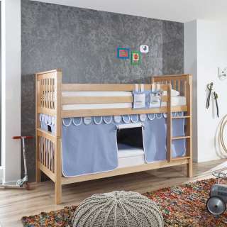 Kinderetagenbett aus Buche Massivholz Vorhang in Hellblau