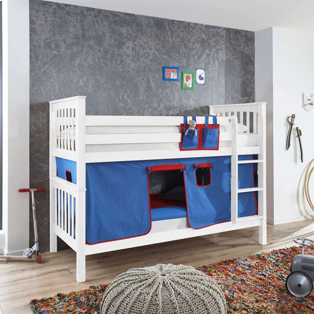 Kinderzimmer Stockbett in Weiß Buche massiv Vorhang in Blau und Rot
