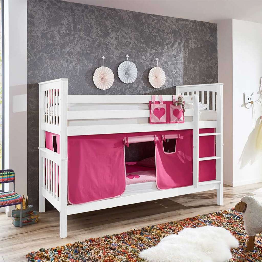 Kinderetagenbett in Weiß Buche massiv Vorhang in Pink