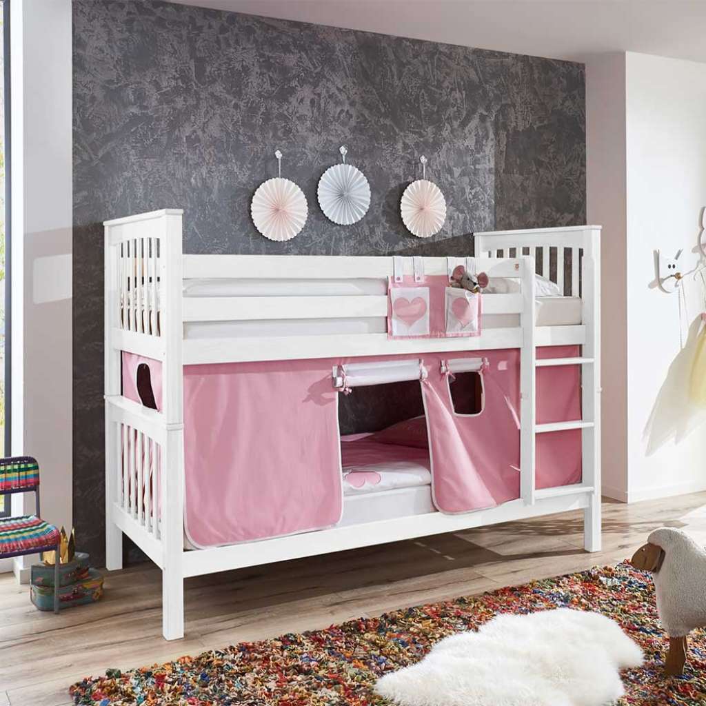 Kinderzimmer Stockbett in Weiß Buche massiv Vorhang in Rosa