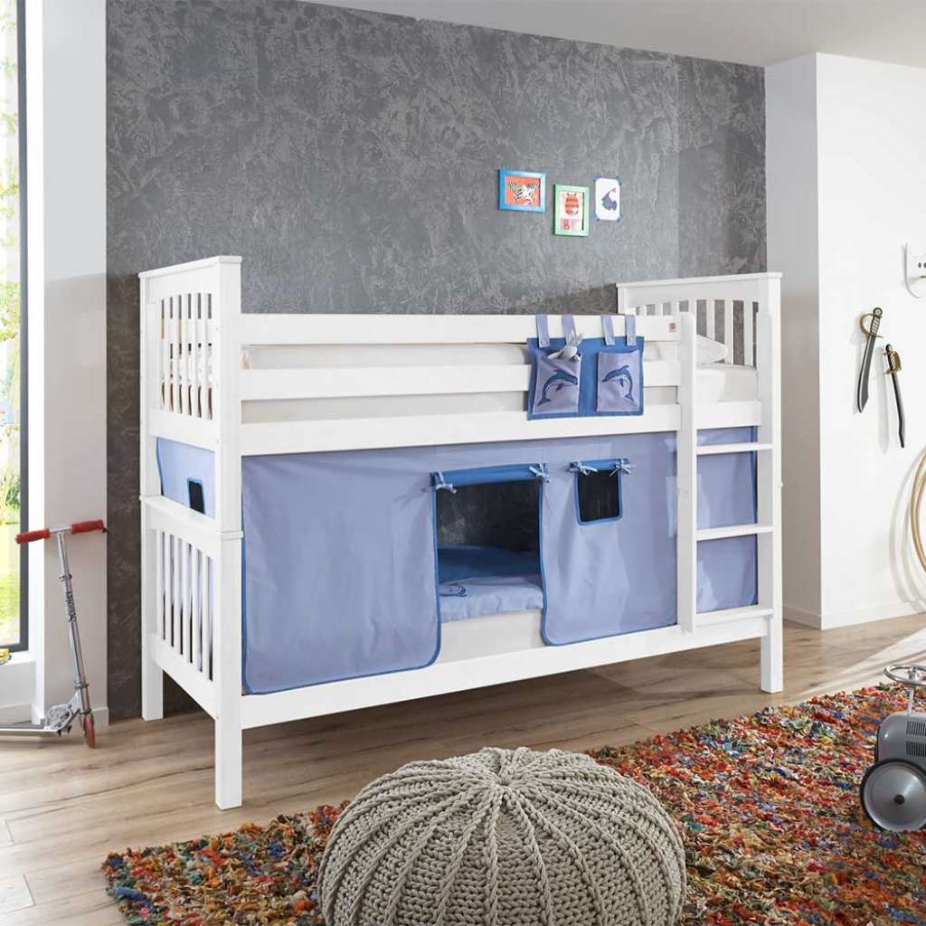 Kinderdoppelhochbett in Weiß Buche massiv Vorhang in Hellblau