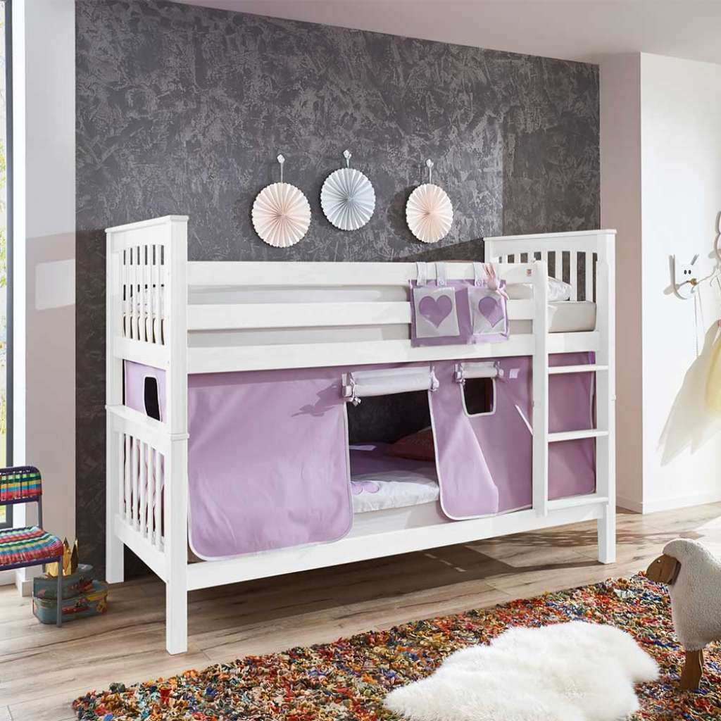 Kinderspielbett in Weiß Buche massiv Vorhang in Lila