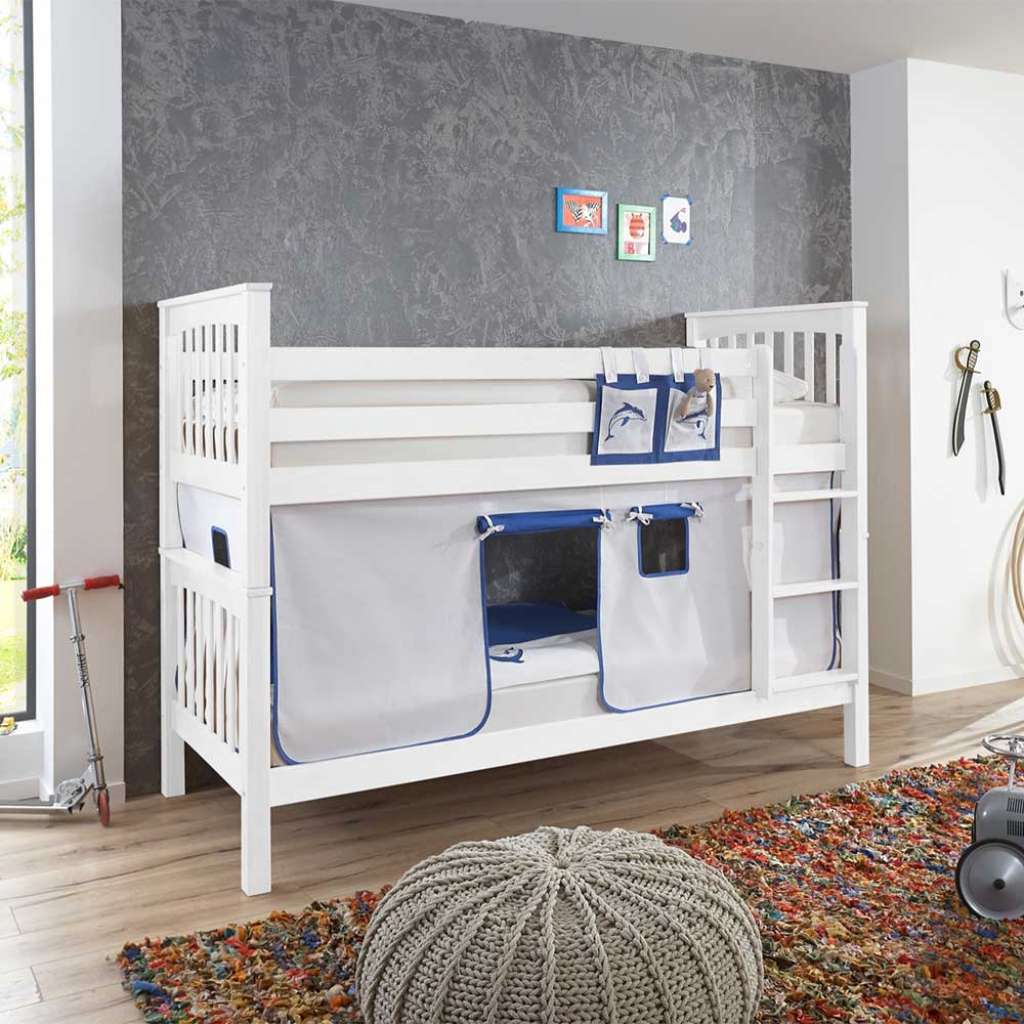 Kinderetagenbett in Weiß Buche massiv Vorhang