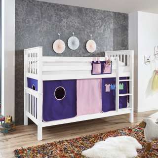 Kinderzimmer Stockbett in Weiß Buche massiv Vorhang in Violett und Rosa