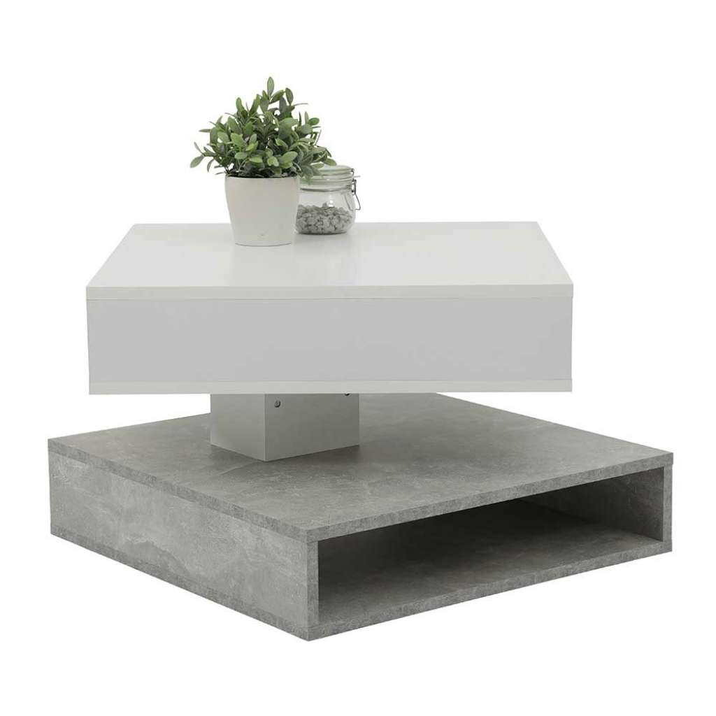 Couchtisch in Weiß und Beton Grau schwenkbarer Tischplatte