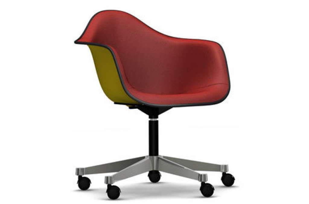 Vitra - Eames Plastic Armchair PACC mit Vollpolster - Schale senf, Bezug rot/ cognac - Keder schwarz - indoor