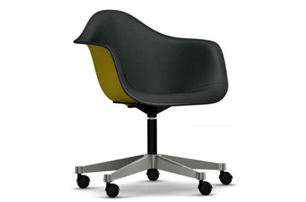 Vitra - Eames Plastic Armchair PACC mit Vollpolster - Schale senf, Bezug dunkelgrau - Keder schwarz - indoor