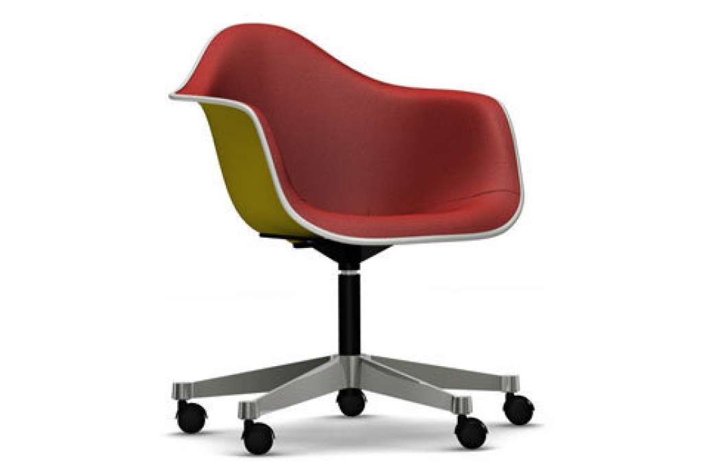 Vitra - Eames Plastic Armchair PACC mit Vollpolster - Schale senf, Bezug rot/ cognac - Keder weiß - indoor