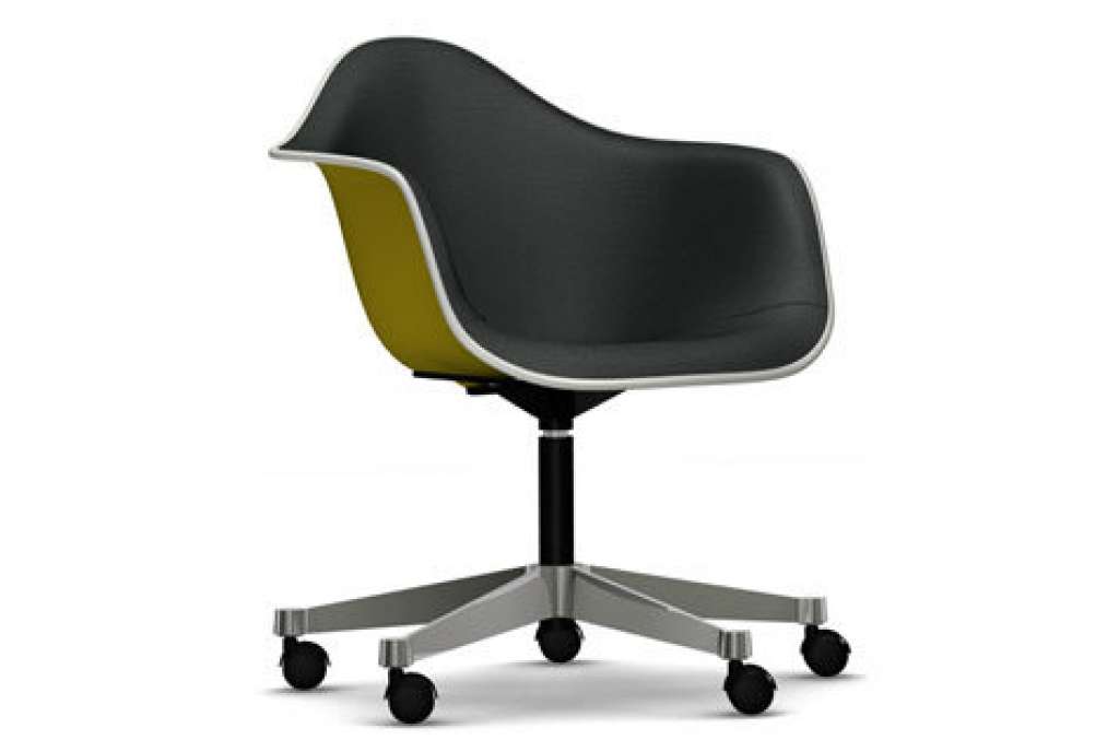 Vitra - Eames Plastic Armchair PACC mit Vollpolster - Schale senf, Bezug dunkelgrau - Keder weiß - indoor