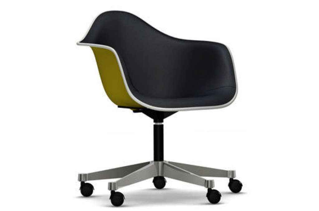 Vitra - Eames Plastic Armchair PACC mit Vollpolster - Schale senf, Bezug nero - Keder weiß - indoor