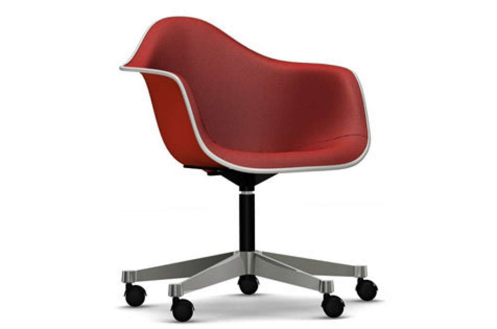 Vitra - Eames Plastic Armchair PACC mit Vollpolster - Schale rot, Bezug rot/ cognac - Keder weiß - indoor