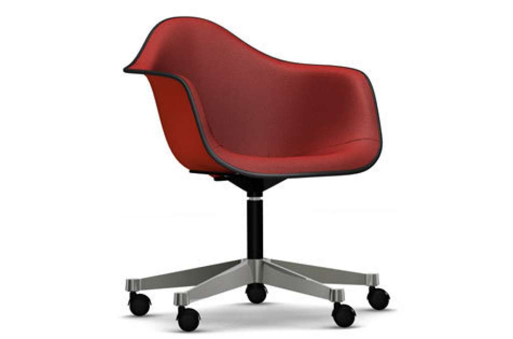 Vitra - Eames Plastic Armchair PACC mit Vollpolster - Schale rot, Bezug rot/ cognac - Keder schwarz - indoor