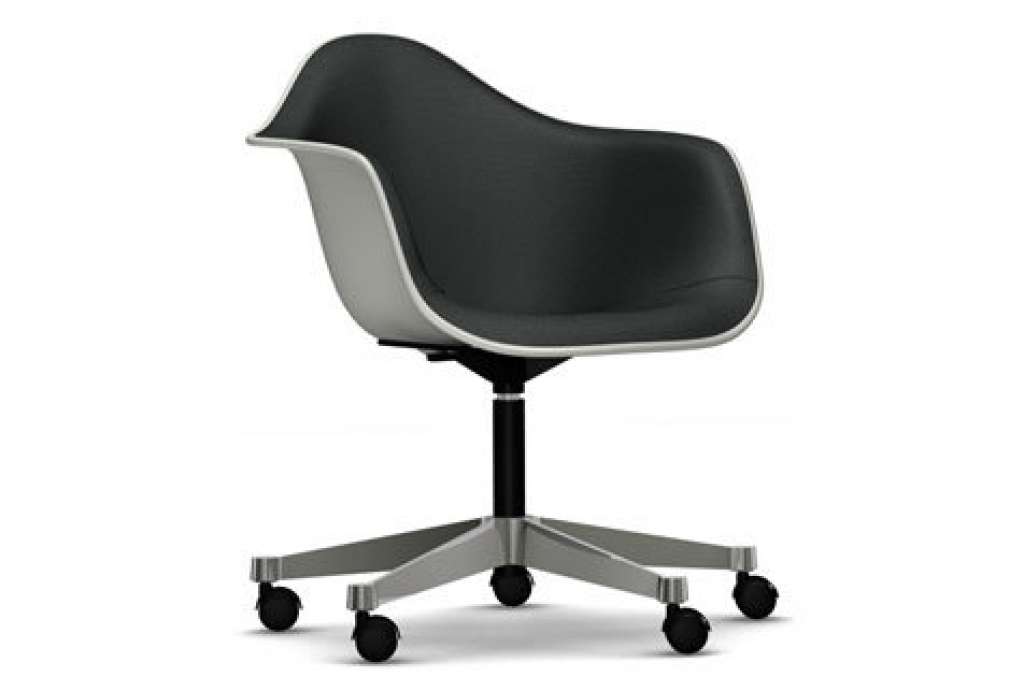 Vitra - Eames Plastic Armchair PACC mit Vollpolster - Schale weiß, Bezug dunkelgrau - Keder weiß - indoor