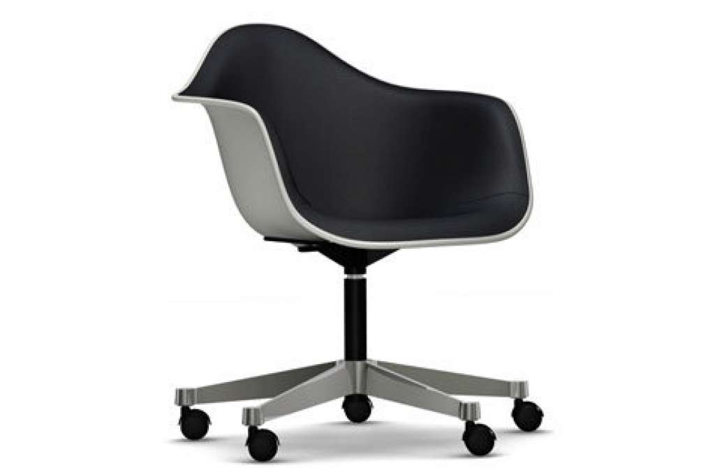 Vitra - Eames Plastic Armchair PACC mit Vollpolster - Schale weiß, Bezug nero - Keder weiß - indoor