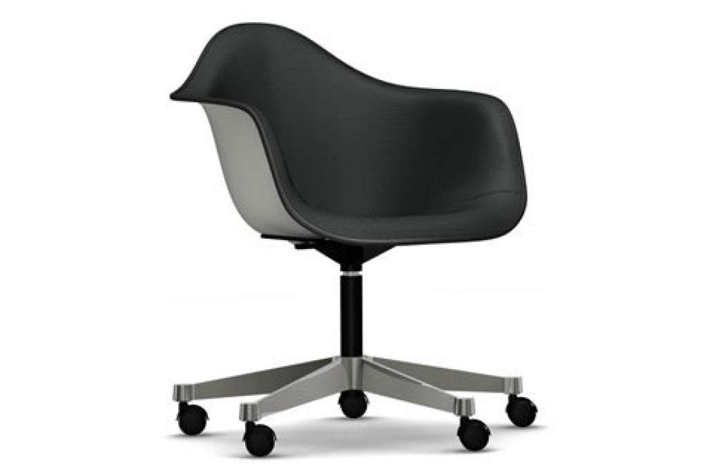 Vitra - Eames Plastic Armchair PACC mit Vollpolster - Schale weiß, Bezug dunkelgrau - Keder schwarz - indoor
