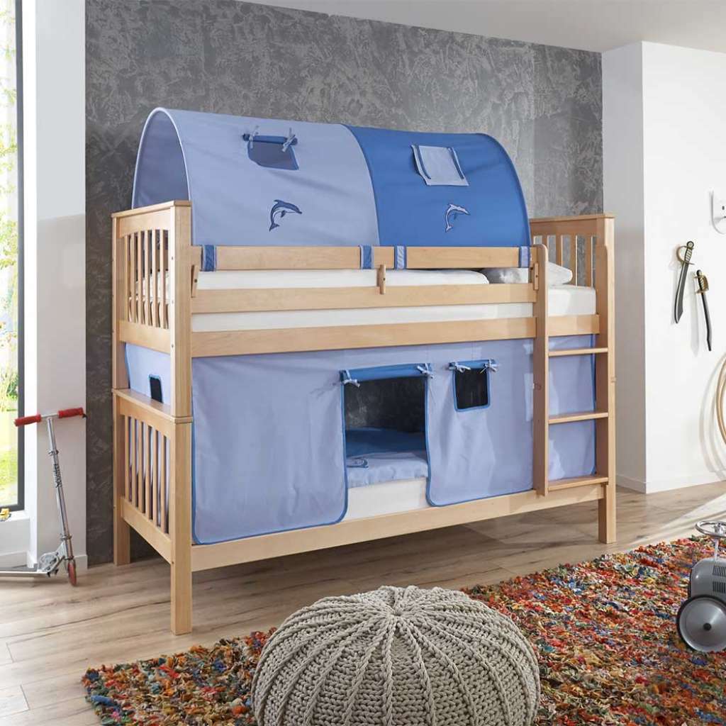 Etagenspielbett aus Buche Massivholz Tunnel und Vorhang in Blau