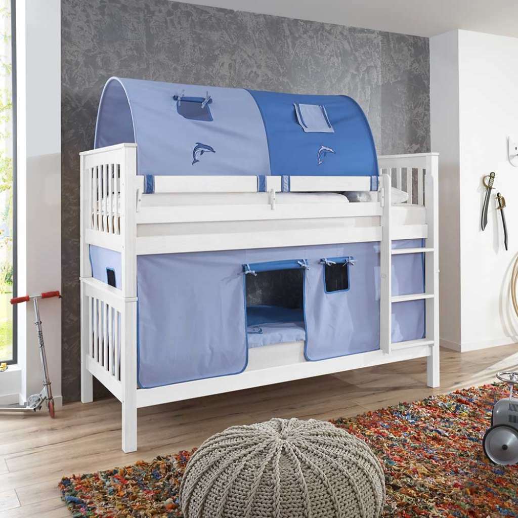 Kinderdoppelhochbett in Weiß Buche massiv Tunnel und Vorhang in Blau