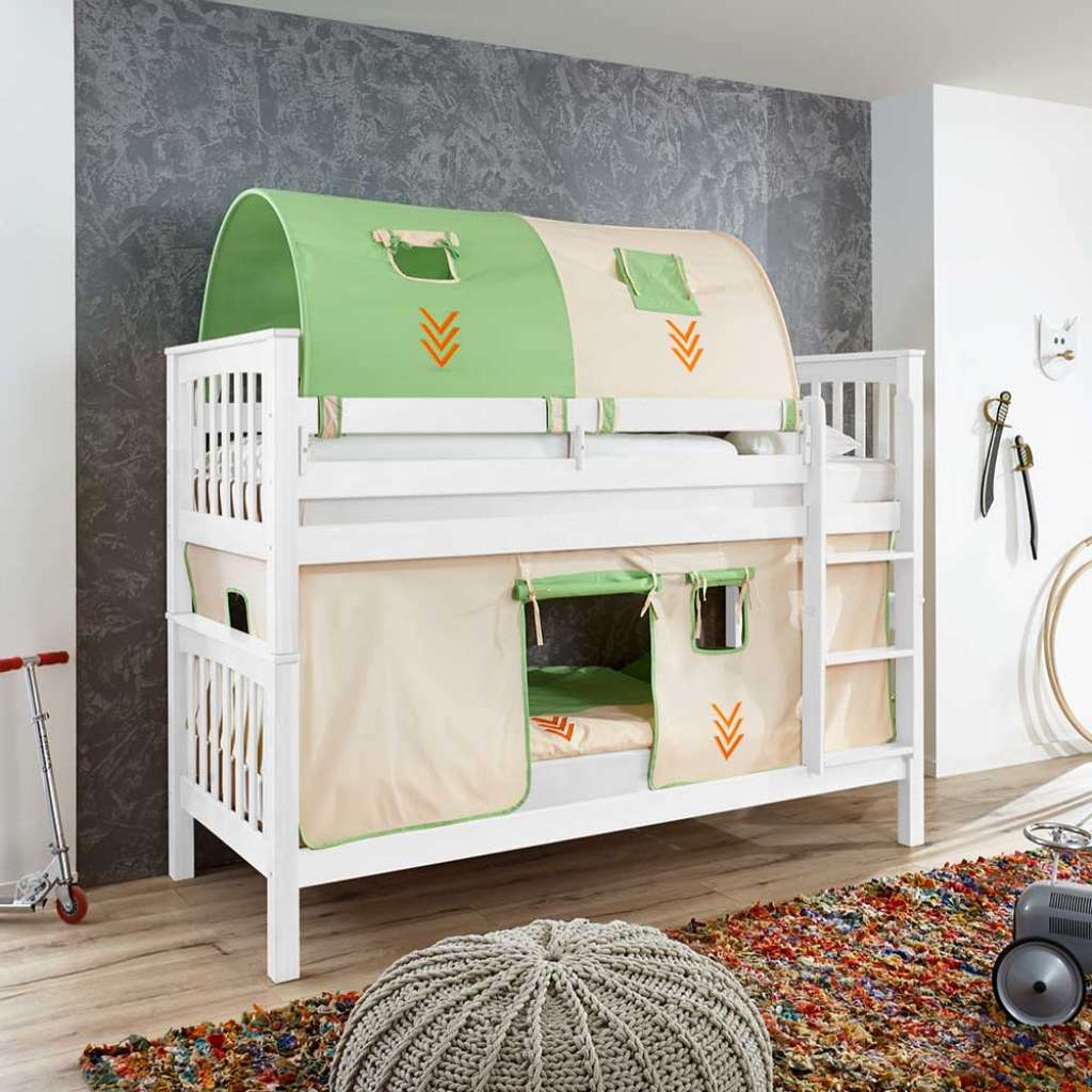 Indianer Stockbett in Weiß Buche massiv Vorhang und Tunnel