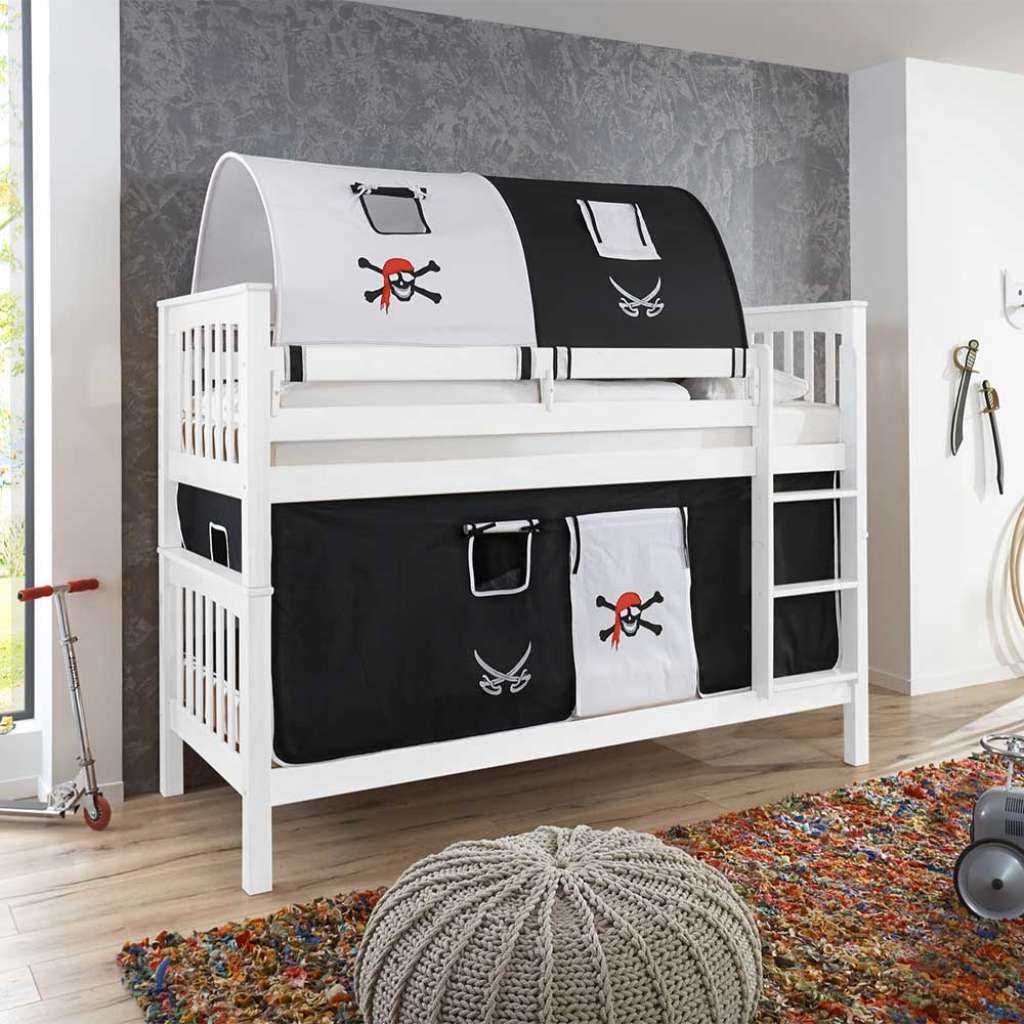 Piraten Etagenbett in Weiß Buche massiv Vorhang und Tunnel