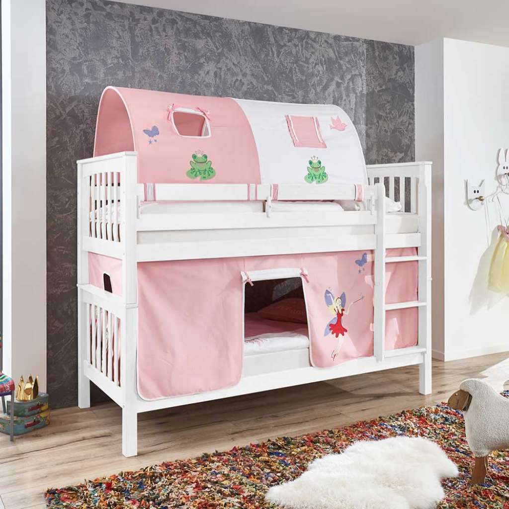 Märchen Etagenbett in Weiß Buche massiv Tunnel und Vorhang