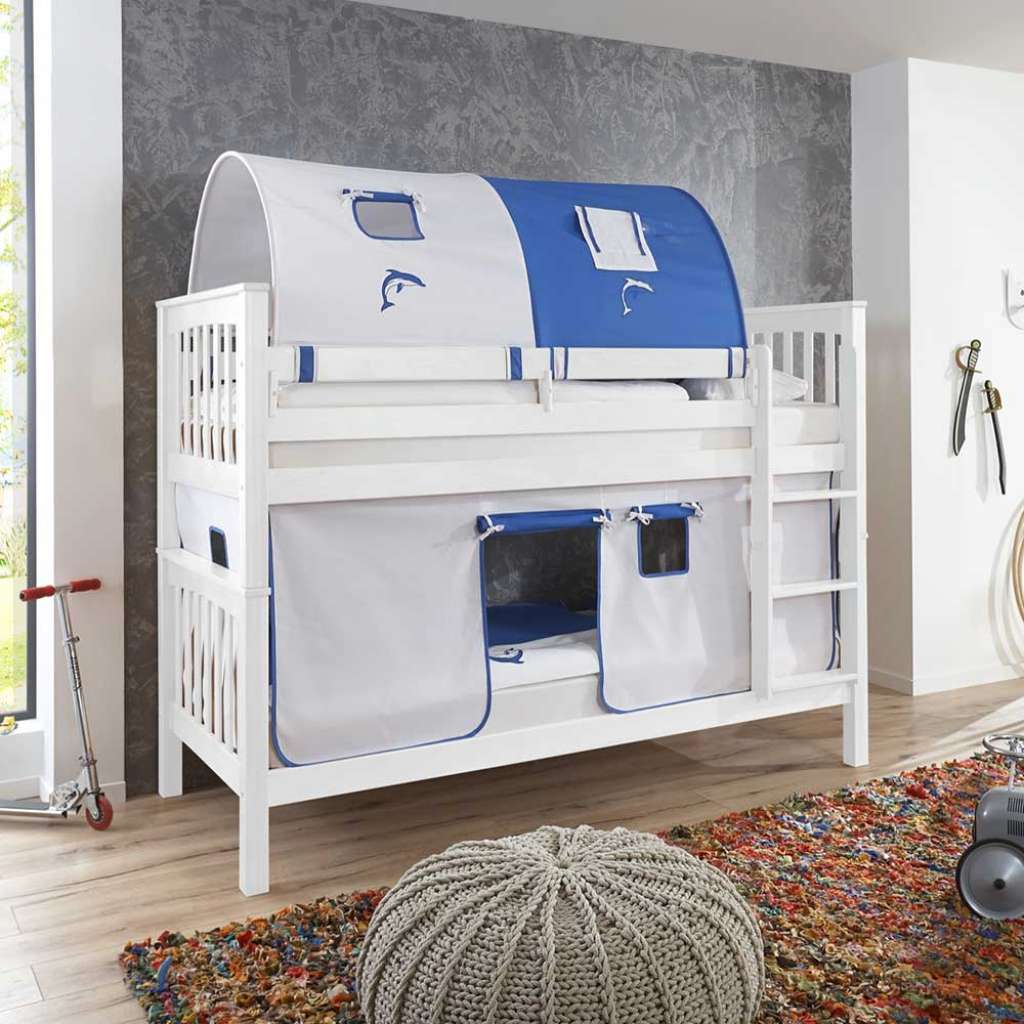 Kinderspielbett in Weiß Buche massiv Tunnel und Vorhang in Blau