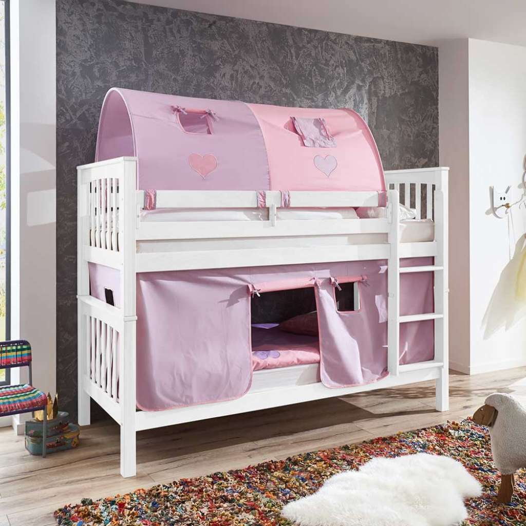 Kinderstockbett in Weiß Buche massiv Tunnel und Vorhang in Rosa