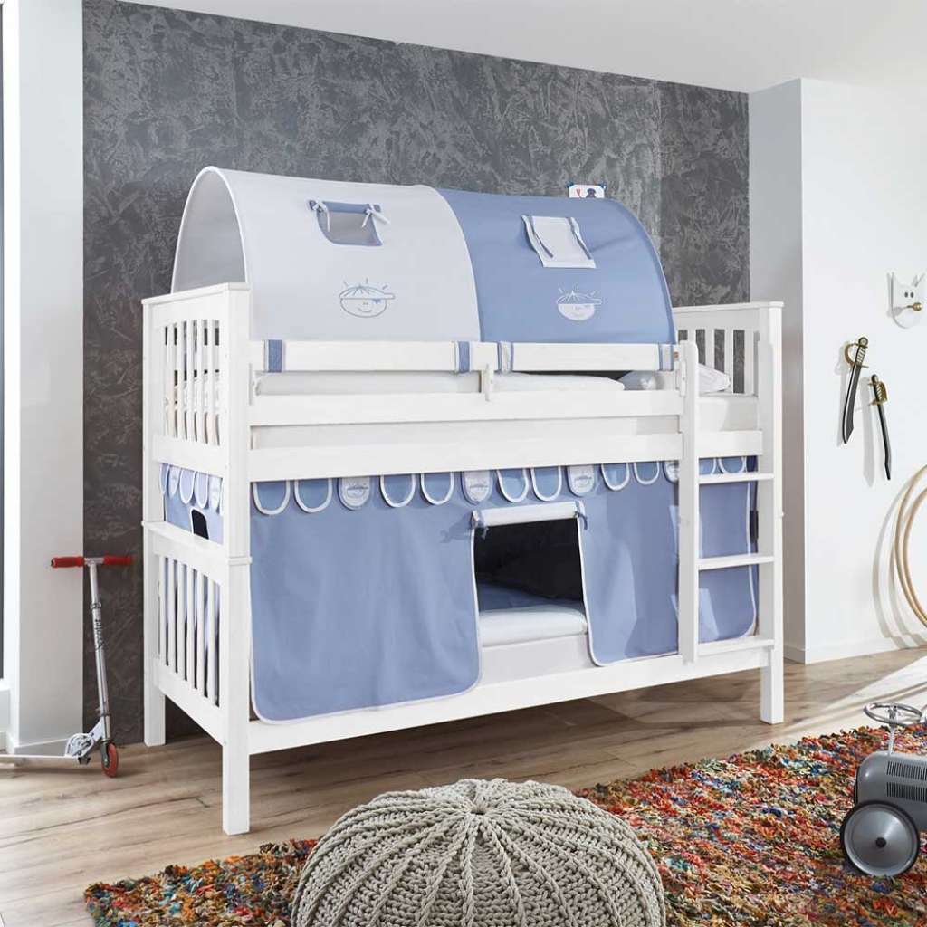 Kinderetagenbett in Weiß Buche massiv Tunnel und Vorhang in Hellblau