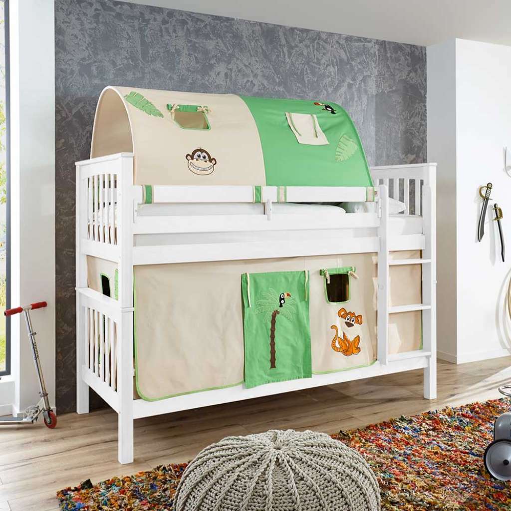 Spielhochbett in Weiß Buche massiv Vorhang und Tunnel im Dschungel Design