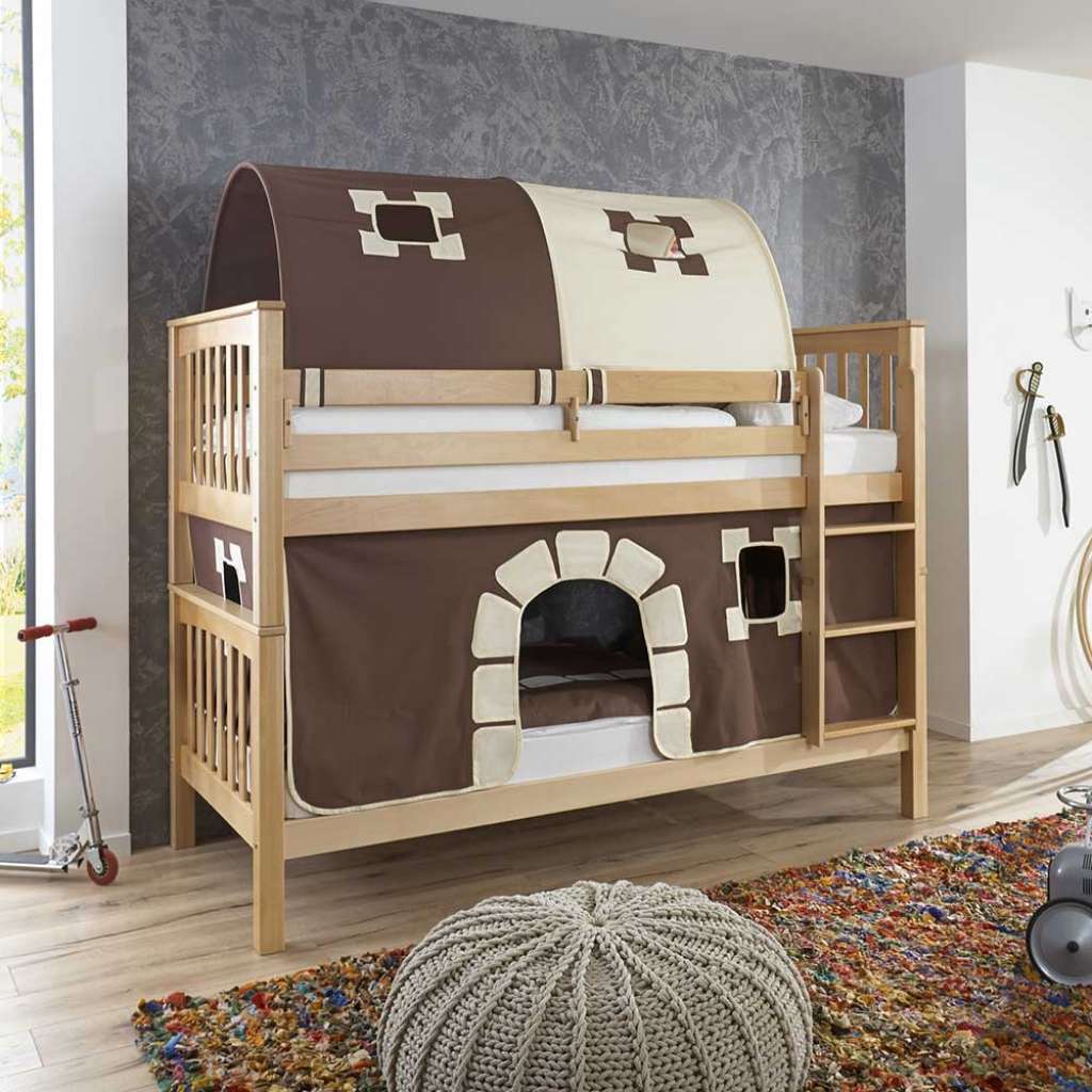 Etagen Ritterbett aus Buche Massivholz Tunnel und Vorhang