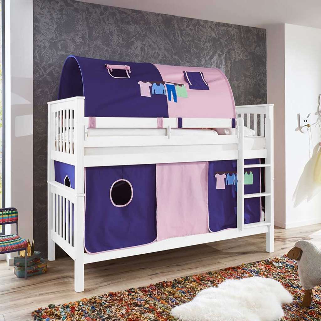Kinderdoppelhochbett in Weiß Buche massiv Vorhang und Tunnel in Violett