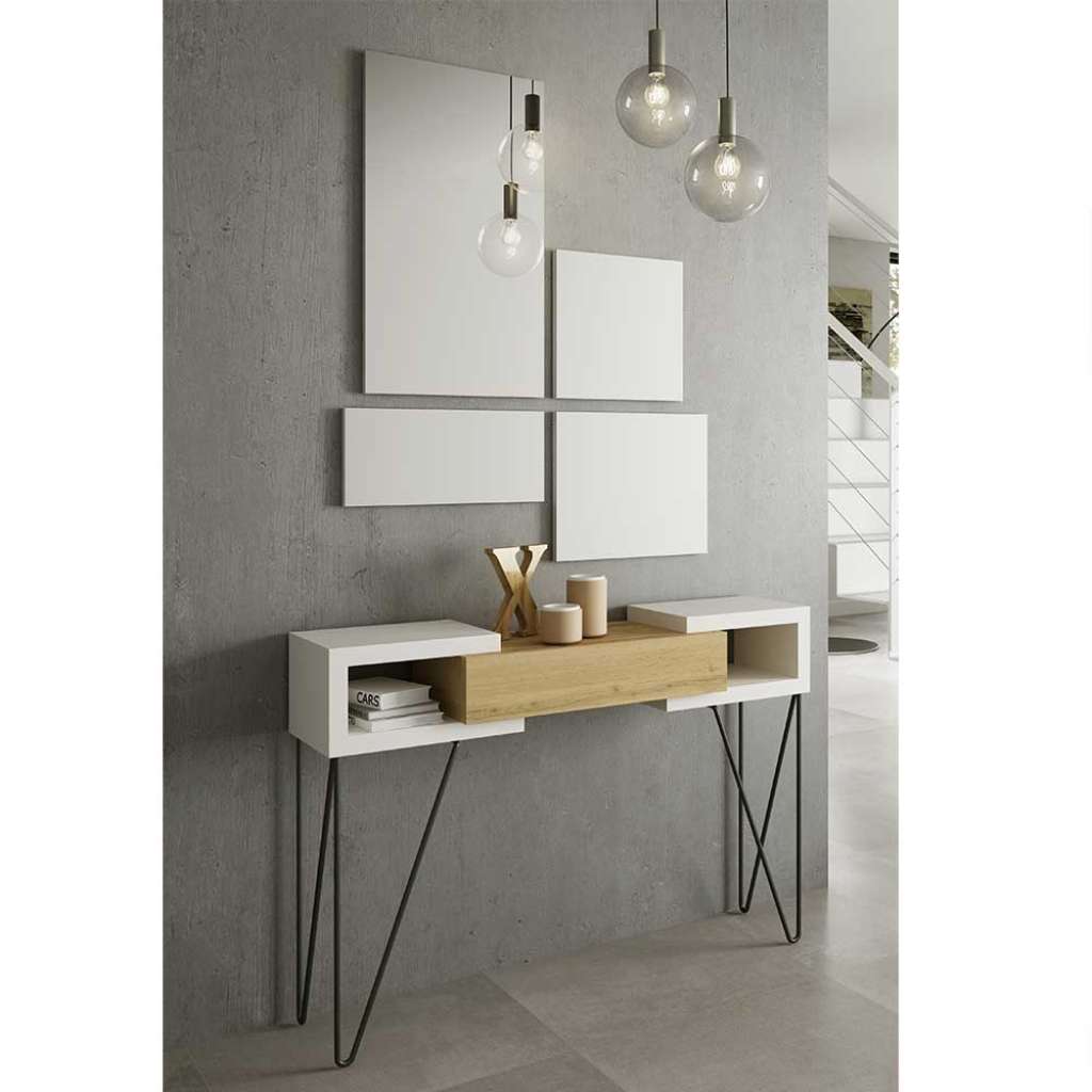 Konsole und Spiegel in Weiß und Wildeichefarben modern (5-teilig)