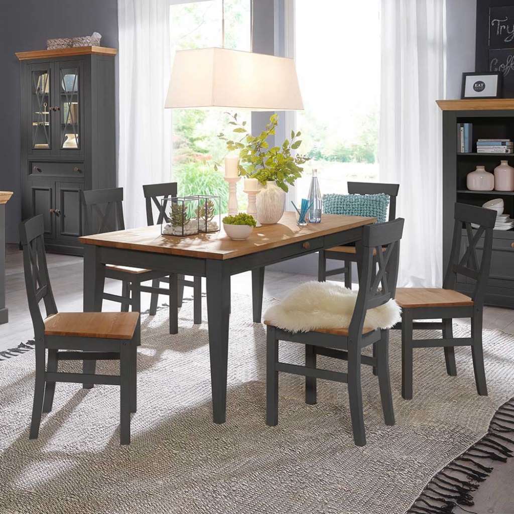 Esszimmer Sitzgruppe in Grau und Eichefarben Kiefer Massivholz (7-teilig)