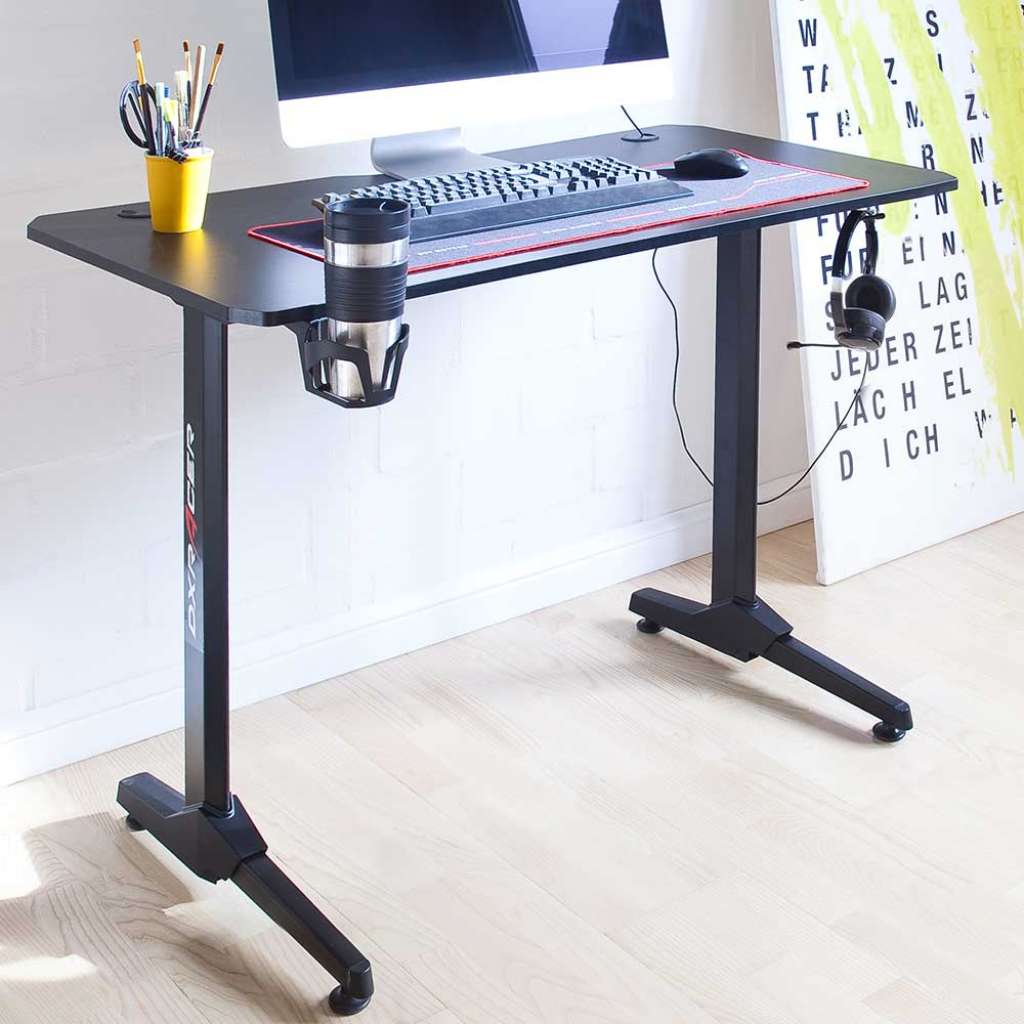 Gaming Schreibtisch in Schwarz Getränkehalter