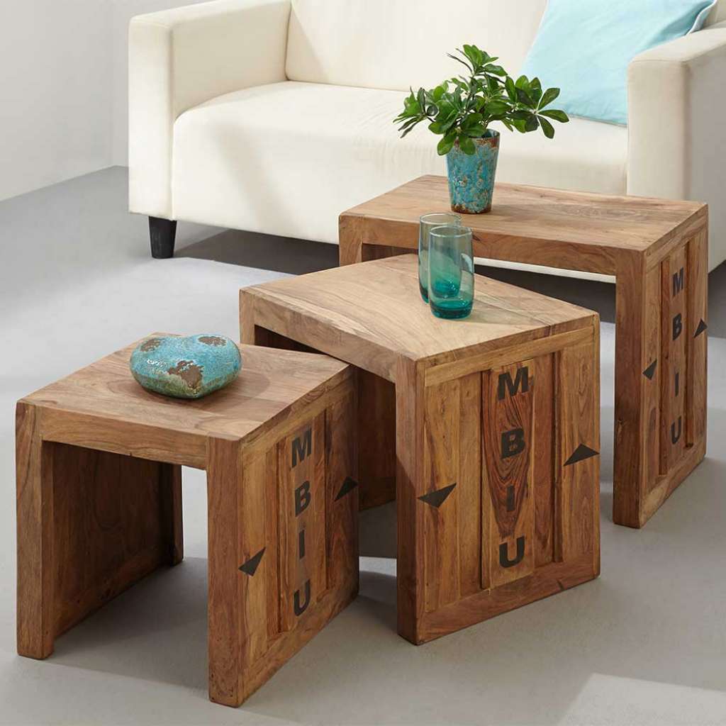 Beitisch Set aus Sheesham Massivholz naturbelassen (3-teilig)