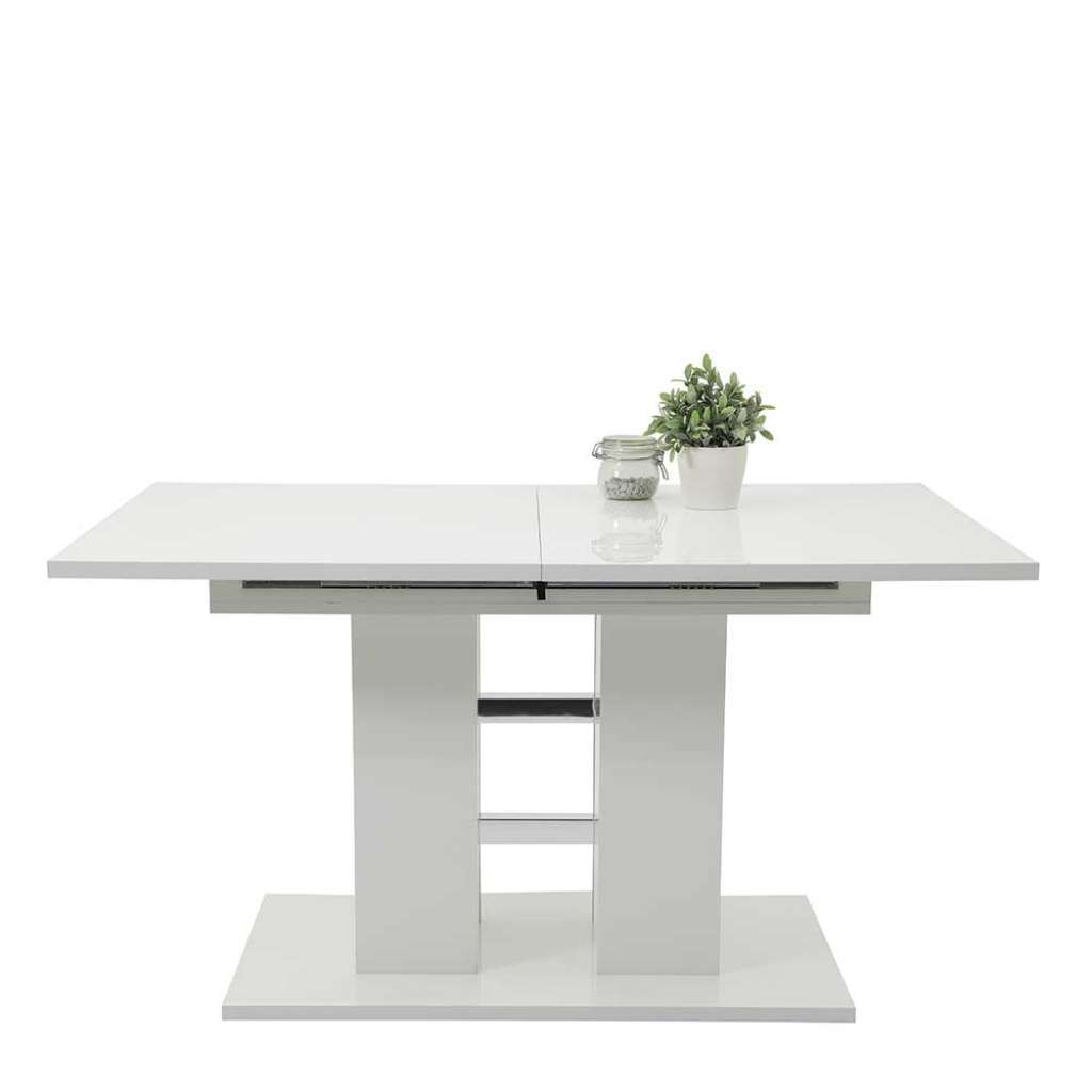 Esszimmertisch in Hochglanz Weiß und Chromfarben Kulissenauszug